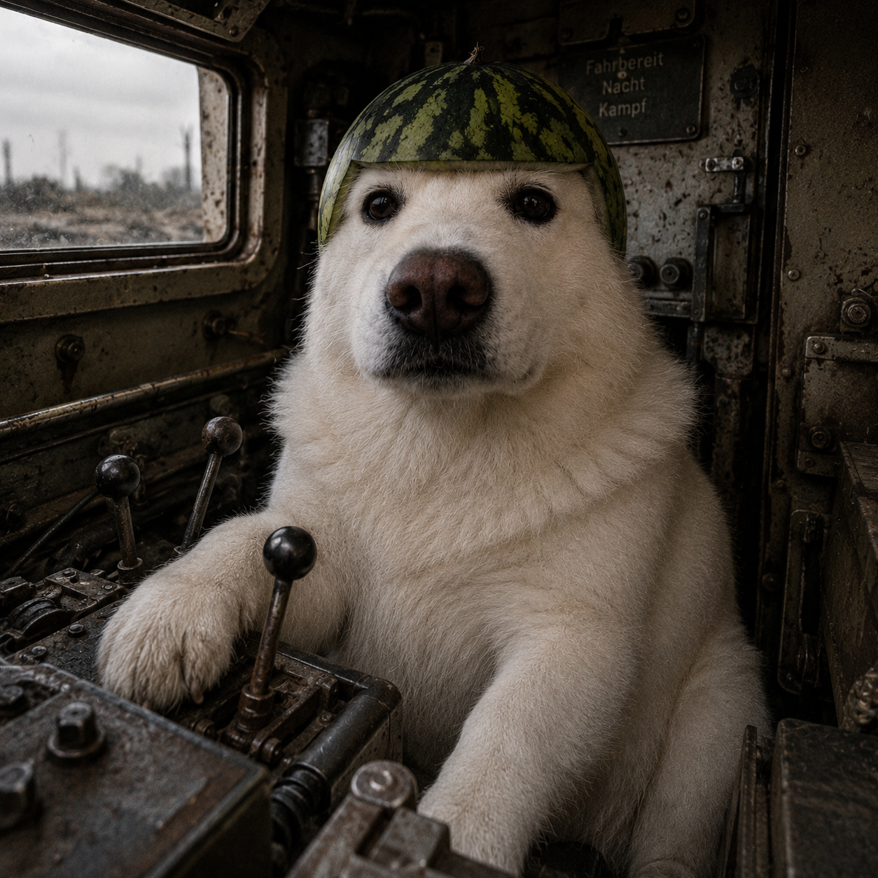 The dog sitting at the controls inside a tank