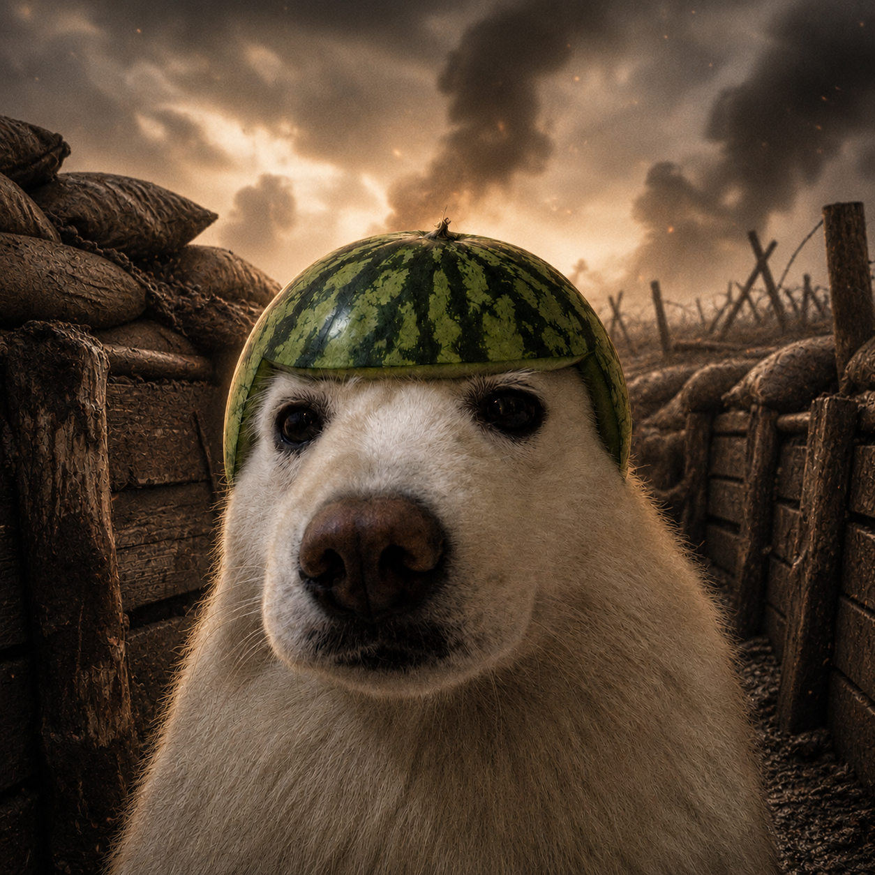The dog standing in a trench at dusk